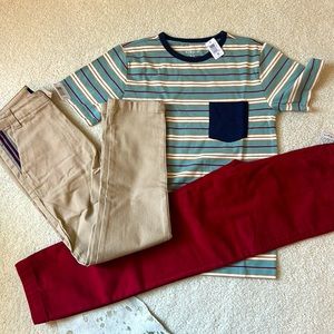 bundle of deep red pants, khaki pants and short sleeve shirt. Size 10 and 8.